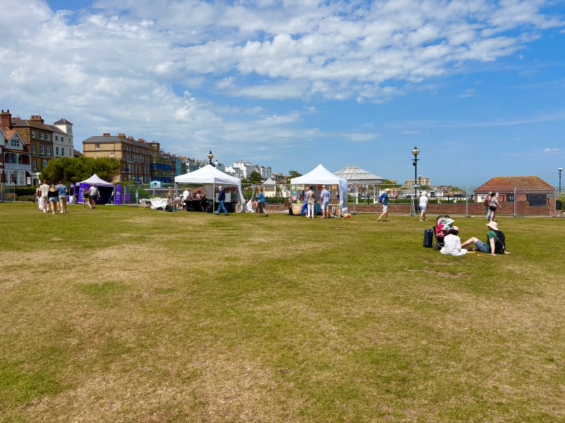 Victoria Gardens in Broadstairs featuring pop up stand for Dickens Festival 2025